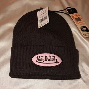 Von Dutch Velvet Brown Patcher Cuff Knit Beanie Embroidered Logo OS NWT